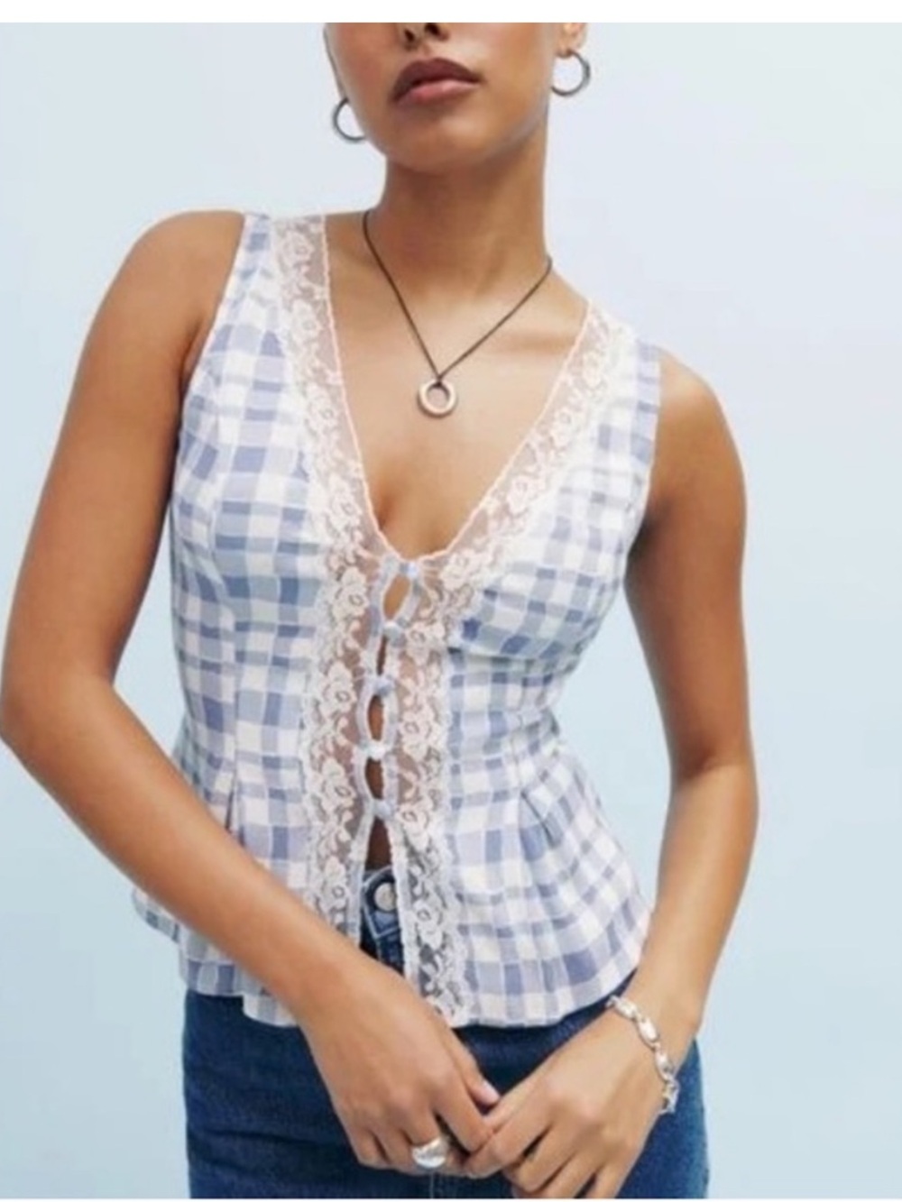 Reformation Light Blue Gingham Lace-Trim Tank - Picture 4 of 5
